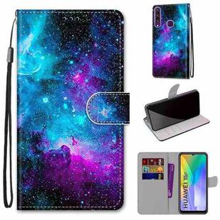 For Huawei Y6p Coloured Drawing Cross Texture Horizontal Flip PU Leather Case with Holder & Card Slots & Wallet & Lanyard(Purple Green Starry Sky)