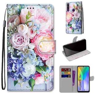 For Huawei Y6p Coloured Drawing Cross Texture Horizontal Flip PU Leather Case with Holder & Card Slots & Wallet & Lanyard(Light Pink Bouquet)