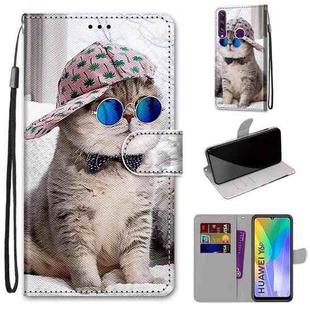 For Huawei Y6p Coloured Drawing Cross Texture Horizontal Flip PU Leather Case with Holder & Card Slots & Wallet & Lanyard(B20 Slant Hat Blue Mirror Cat)