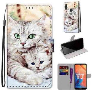 For Huawei Y7 (2019) / Enjoy 9 Coloured Drawing Cross Texture Horizontal Flip PU Leather Case with Holder & Card Slots & Wallet & Lanyard(Big Cat Holding Kitten)
