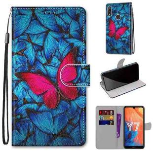 For Huawei Y7 (2019) / Enjoy 9 Coloured Drawing Cross Texture Horizontal Flip PU Leather Case with Holder & Card Slots & Wallet & Lanyard(Blue Red Butterfly)