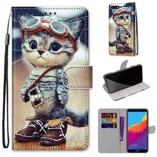 For Huawei Y7 (2018) / Enjoy 8 Coloured Drawing Cross Texture Horizontal Flip PU Leather Case with Holder & Card Slots & Wallet & Lanyard(Leather Shoes Cat)