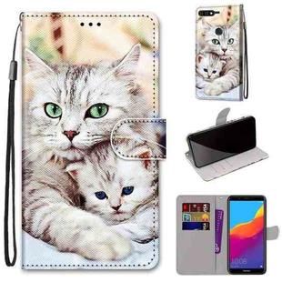 For Huawei Y7 (2018) / Enjoy 8 Coloured Drawing Cross Texture Horizontal Flip PU Leather Case with Holder & Card Slots & Wallet & Lanyard(Big Cat Holding Kitten)