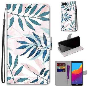 For Huawei Y7 (2018) / Enjoy 8 Coloured Drawing Cross Texture Horizontal Flip PU Leather Case with Holder & Card Slots & Wallet & Lanyard(Pink Green Leaf)