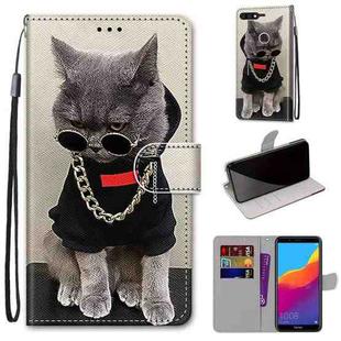 For Huawei Y7 (2018) / Enjoy 8 Coloured Drawing Cross Texture Horizontal Flip PU Leather Case with Holder & Card Slots & Wallet & Lanyard(B09 Golden Chain Grey Cat)