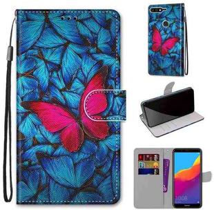 For Huawei Y7 (2018) / Enjoy 8 Coloured Drawing Cross Texture Horizontal Flip PU Leather Case with Holder & Card Slots & Wallet & Lanyard(Blue Red Butterfly)
