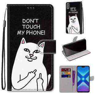 For Huawei Honor 8X Coloured Drawing Cross Texture Horizontal Flip PU Leather Case with Holder & Card Slots & Wallet & Lanyard(18 Middle Finger White Cat)