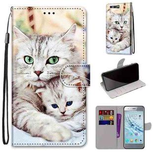 For Huawei Honor 9 Coloured Drawing Cross Texture Horizontal Flip PU Leather Case with Holder & Card Slots & Wallet & Lanyard(Big Cat Holding Kitten)