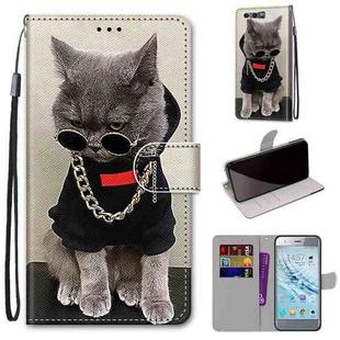 For Huawei Honor 9 Coloured Drawing Cross Texture Horizontal Flip PU Leather Case with Holder & Card Slots & Wallet & Lanyard(B09 Golden Chain Grey Cat)