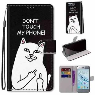 For Huawei Honor 9 Coloured Drawing Cross Texture Horizontal Flip PU Leather Case with Holder & Card Slots & Wallet & Lanyard(18 Middle Finger White Cat)