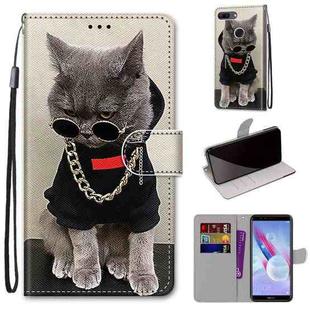 For Huawei Honor 9 Lite Coloured Drawing Cross Texture Horizontal Flip PU Leather Case with Holder & Card Slots & Wallet & Lanyard(B09 Golden Chain Grey Cat)