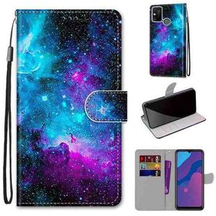 For Huawei Honor 9A Coloured Drawing Cross Texture Horizontal Flip PU Leather Case with Holder & Card Slots & Wallet & Lanyard(Purple Green Starry Sky)