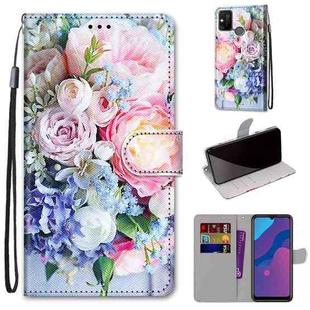 For Huawei Honor 9A Coloured Drawing Cross Texture Horizontal Flip PU Leather Case with Holder & Card Slots & Wallet & Lanyard(Light Pink Bouquet)
