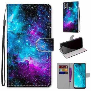 For Huawei Honor 9X Lite Coloured Drawing Cross Texture Horizontal Flip PU Leather Case with Holder & Card Slots & Wallet & Lanyard(Purple Green Starry Sky)