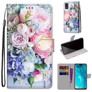 For Huawei Honor 9X Lite Coloured Drawing Cross Texture Horizontal Flip PU Leather Case with Holder & Card Slots & Wallet & Lanyard(Light Pink Bouquet)