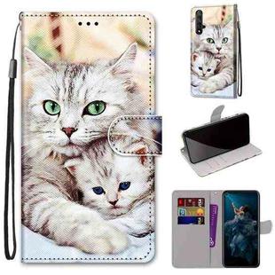 For Huawei Honor 20 Coloured Drawing Cross Texture Horizontal Flip PU Leather Case with Holder & Card Slots & Wallet & Lanyard(Big Cat Holding Kitten)
