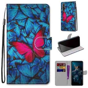 For Huawei Honor 20 Coloured Drawing Cross Texture Horizontal Flip PU Leather Case with Holder & Card Slots & Wallet & Lanyard(Blue Red Butterfly)