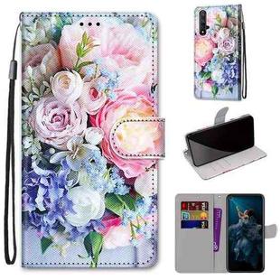 For Huawei Honor 20 Coloured Drawing Cross Texture Horizontal Flip PU Leather Case with Holder & Card Slots & Wallet & Lanyard(Light Pink Bouquet)