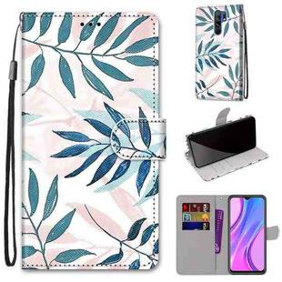 For Xiaomi Redmi 9 Coloured Drawing Cross Texture Horizontal Flip PU Leather Case with Holder & Card Slots & Wallet & Lanyard(Pink Green Leaf)