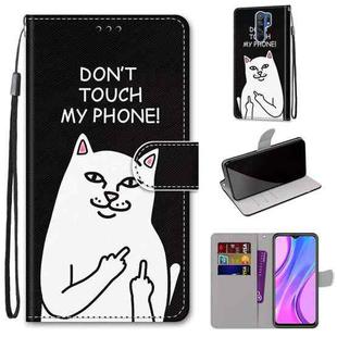 For Xiaomi Redmi 9 Coloured Drawing Cross Texture Horizontal Flip PU Leather Case with Holder & Card Slots & Wallet & Lanyard(Middle Finger White Cat)