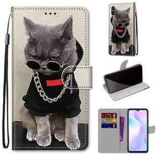 For Xiaomi Redmi 9A Coloured Drawing Cross Texture Horizontal Flip PU Leather Case with Holder & Card Slots & Wallet & Lanyard(Golden Chain Grey Cat)