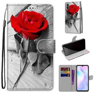 For Xiaomi Redmi 9A Coloured Drawing Cross Texture Horizontal Flip PU Leather Case with Holder & Card Slots & Wallet & Lanyard(Wood Red Rose)