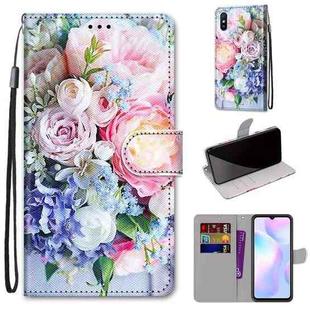 For Xiaomi Redmi 9A Coloured Drawing Cross Texture Horizontal Flip PU Leather Case with Holder & Card Slots & Wallet & Lanyard(Light Pink Bouquet)