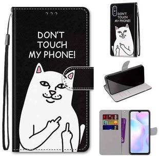 For Xiaomi Redmi 9A Coloured Drawing Cross Texture Horizontal Flip PU Leather Case with Holder & Card Slots & Wallet & Lanyard(Middle Finger White Cat)