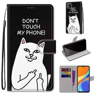 For Xiaomi Redmi 9C Coloured Drawing Cross Texture Horizontal Flip PU Leather Case with Holder & Card Slots & Wallet & Lanyard(Middle Finger White Cat)