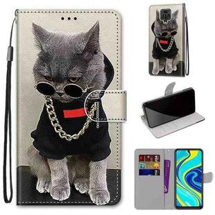 For Xiaomi Redmi Note 9S / 9 Pro Coloured Drawing Cross Texture Horizontal Flip PU Leather Case with Holder & Card Slots & Wallet & Lanyard(Golden Chain Grey Cat)