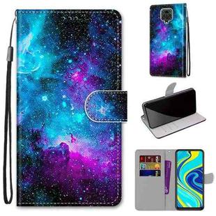 For Xiaomi Redmi Note 9S / 9 Pro Coloured Drawing Cross Texture Horizontal Flip PU Leather Case with Holder & Card Slots & Wallet & Lanyard(Purple Green Starry Sky)