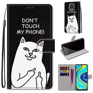 For Xiaomi Redmi Note 9S / 9 Pro Coloured Drawing Cross Texture Horizontal Flip PU Leather Case with Holder & Card Slots & Wallet & Lanyard(Middle Finger White Cat)