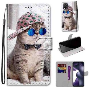 For Xiaomi Mi 10 Lite Coloured Drawing Cross Texture Horizontal Flip PU Leather Case with Holder & Card Slots & Wallet & Lanyard(Slant Hat Blue Mirror Cat)