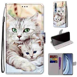For Xiaomi Mi 10 5G Coloured Drawing Cross Texture Horizontal Flip PU Leather Case with Holder & Card Slots & Wallet & Lanyard(Big Cat Holding Kitten)