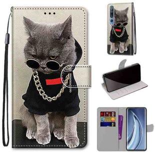 For Xiaomi Mi 10 5G Coloured Drawing Cross Texture Horizontal Flip PU Leather Case with Holder & Card Slots & Wallet & Lanyard(Golden Chain Grey Cat)