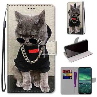 For Nokia 2.3 Coloured Drawing Cross Texture Horizontal Flip PU Leather Case with Holder & Card Slots & Wallet & Lanyard(Golden Chain Grey Cat)