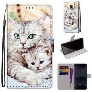 For Nokia 3 Coloured Drawing Cross Texture Horizontal Flip PU Leather Case with Holder & Card Slots & Wallet & Lanyard(Big Cat Holding Kitten)