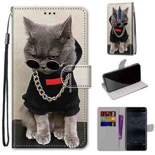 For Nokia 5 Coloured Drawing Cross Texture Horizontal Flip PU Leather Case with Holder & Card Slots & Wallet & Lanyard(Golden Chain Grey Cat)