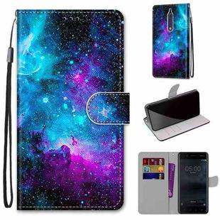 For Nokia 5 Coloured Drawing Cross Texture Horizontal Flip PU Leather Case with Holder & Card Slots & Wallet & Lanyard(Purple Green Starry Sky)