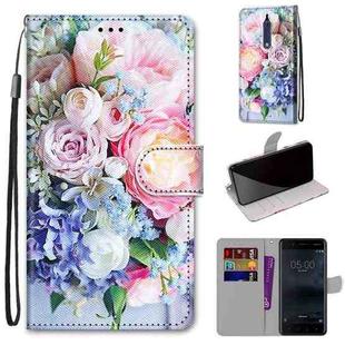 For Nokia 5 Coloured Drawing Cross Texture Horizontal Flip PU Leather Case with Holder & Card Slots & Wallet & Lanyard(Light Pink Bouquet)