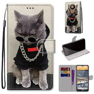 For Nokia 5.3 Coloured Drawing Cross Texture Horizontal Flip PU Leather Case with Holder & Card Slots & Wallet & Lanyard(Golden Chain Grey Cat)