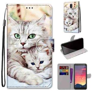 For Nokia C2 Coloured Drawing Cross Texture Horizontal Flip PU Leather Case with Holder & Card Slots & Wallet & Lanyard(Big Cat Holding Kitten)