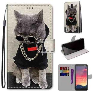 For Nokia C2 Coloured Drawing Cross Texture Horizontal Flip PU Leather Case with Holder & Card Slots & Wallet & Lanyard(Golden Chain Grey Cat)