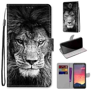 For Nokia C2 Coloured Drawing Cross Texture Horizontal Flip PU Leather Case with Holder & Card Slots & Wallet & Lanyard(Black White Lion Head)