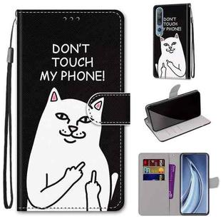 For Xiaomi Mi 10 Pro 5G Coloured Drawing Cross Texture Horizontal Flip PU Leather Case with Holder & Card Slots & Wallet & Lanyard(Middle Finger White Cat)