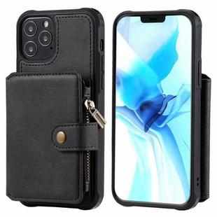 For iPhone 12 / 12 Pro Zipper Shockproof Protective Case with Card Slots & Bracket & Photo Holder & Wallet Function(Black)