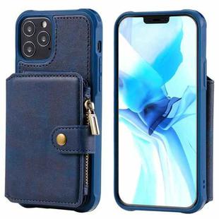 For iPhone 12 / 12 Pro Zipper Shockproof Protective Case with Card Slots & Bracket & Photo Holder & Wallet Function(Blue)