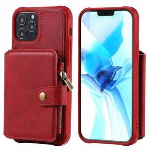 For iPhone 12 / 12 Pro Zipper Shockproof Protective Case with Card Slots & Bracket & Photo Holder & Wallet Function(Red)