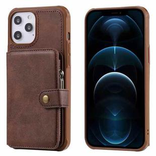 For iPhone 12 Pro Max Zipper Shockproof Protective Case with Card Slots & Bracket & Photo Holder & Wallet Function(Coffee)