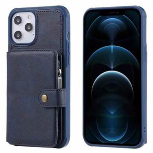 For iPhone 12 Pro Max Zipper Shockproof Protective Case with Card Slots & Bracket & Photo Holder & Wallet Function(Blue)